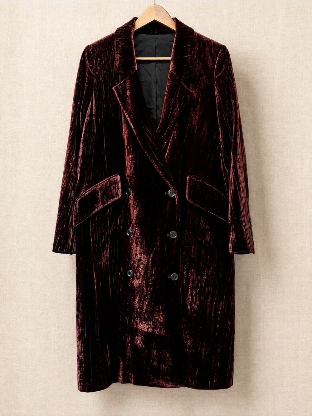 The Kooples Burgundy Crushed Velvet Silk Blend Coat 36 Double Breasted Longline